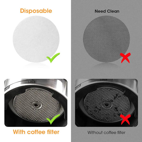 Comparison of 51Mm Espresso Filter Paper For Portafilter Pucks, 400 Count, Fits Barista Express And Similar Espresso Makers, Chlorine Free Virgin Pulp, Helps Even Water Flow For Smooth Extraction, Real Deal Quality with and without coffee filter