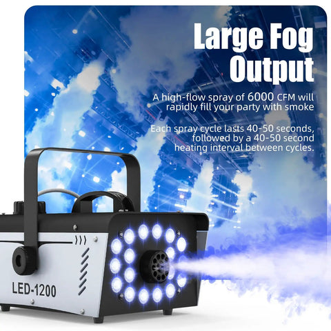 Powerful 1200W Fog Machine With 18 Bright LED Lights And Remote, producing dense fog and LED effects for events and decor.
