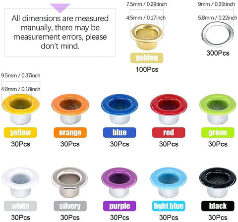 Various multicolor 3/16 inch eyelets for the Heavy Duty Pro Grade Eyelet Pliers Kit, showing different colors and quantities.