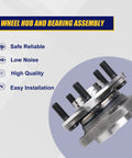 Front Wheel Bearing And Hub Assembly 513220 For Subaru Outback 2005 To 2014 And Subaru Legacy 2005 To 2014 With ABS 4 Bolt Pattern Front Replacement For 5 Lug Wheels displayed with highlighted features of reliability, noise reduction, quality, and easy installation.