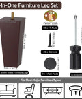 Brown 6 Inch Square Solid Wood Furniture Legs Set Of 16 Replacement Feet For Sofa Couch Chair Bed Cabinet Table With Screws M8 Washers Felt Pads And Screwdriver Included, showcasing parts and dimensions.