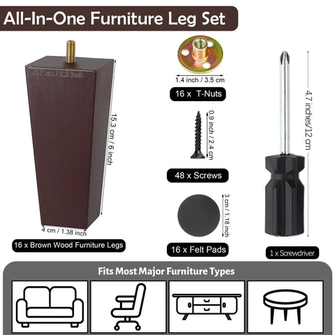 Brown 6 Inch Square Solid Wood Furniture Legs Set Of 16 Replacement Feet For Sofa Couch Chair Bed Cabinet Table With Screws M8 Washers Felt Pads And Screwdriver Included, showcasing parts and dimensions.