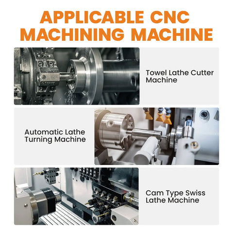 Images of CNC machining machines featuring a towel lathe cutter, automatic lathe turning, and cam type Swiss lathe machine