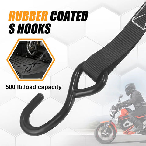 Heavy Duty Self Retracting Ratchet Straps 1500 Lbs Break Strength 1 X 15 Ft with rubber coated S hooks showcasing 500 lb load capacity.