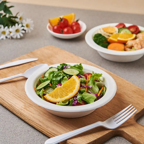 175 Pack 16 Oz Sugarcane Bagasse Soup Bowls Microwave Safe Heavy Duty Disposable For Hot Soups Desserts And Snacks Eco Friendly Compostable Dinnerware filled with fresh salad