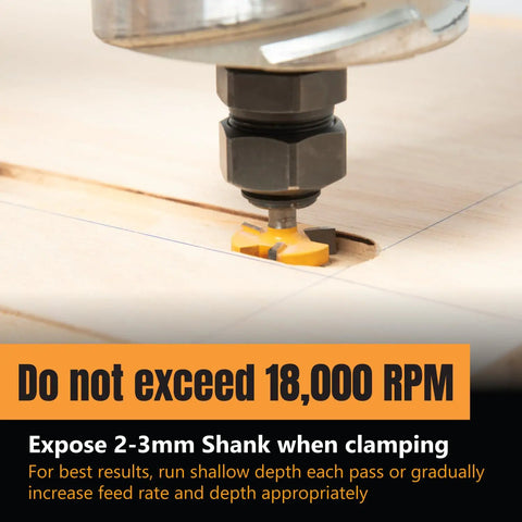 Close-up of Built Different Slab Flattening Router Bit with 1/4 Shank in action on wood, designed for CNC woodworking and milling.