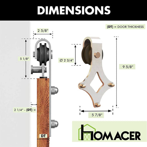 Diagram of Brushed Nickel Sliding Barn Door Hardware Kit for Double Doors, 9ft Flat Track with Diamond Rollers, dimensions marked.