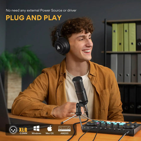 Person using Condenser Microphone For Home Studio With Cardioid Pickup, Crystal Clear Podcasting And Streaming Mic, 3.5mm XLR Output