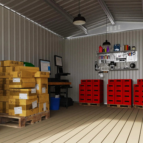 Interior of 8x8 Ft Outdoor Storage Shed With Upgraded Metal Frame And Lockable Doors Weatherproof Garden Tool Shed organized with shelves and tools.