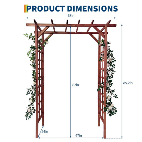 7 Foot Wooden Arbor Trellis With Flat Top For Climbing Plants Garden Decor Outdoor Ready To Assemble Cedar Frame Moisture Resistant Yard Or Patio Backyard Vibe, 85.2 inch tall with dimensions labeled.