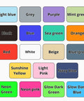 Color swatch chart with 16 different colors including light blue, grey, purple, mint green, and more, for feeding tube accessories.