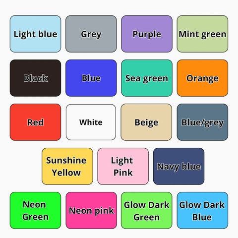 Color swatch chart with 16 different colors including light blue, grey, purple, mint green, and more, for feeding tube accessories.