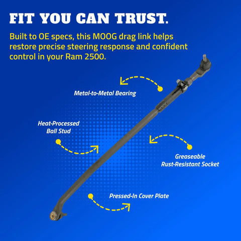 Steering Drag Link Upgrade For Ram 2500 And 3500 2013 To 2024 Beefed Up For Tight Steering And Rock Solid Stability With Precise Fit And Heat Treated Ball Stud, black metal rod
