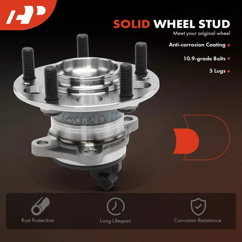 Beefed Up Two Pack Rear Wheel Bearing And Hub Assembly With ABS For Hyundai Elantra 2017-2020 And Kona 2018-2023 5 Lug FWD Replacement Durable Easy Install OEM Quality Quiet Ride, showing 5-lug solid wheel stud and bolts.