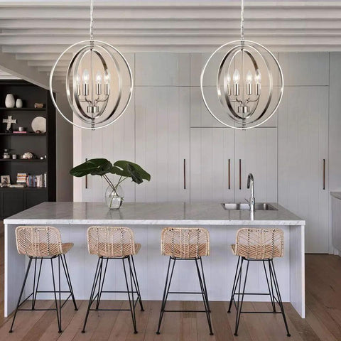 Dope Modern 4 Light Globe Chandelier In Brushed Nickel, Adjustable Height With 59in Wire And Chain in kitchen setting