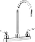Modern High Arc Kitchen Sink Faucet With Polished Chrome Finish Two Lever Operation Aerated Water Stream To Minimize Splash Durable Disk Valve