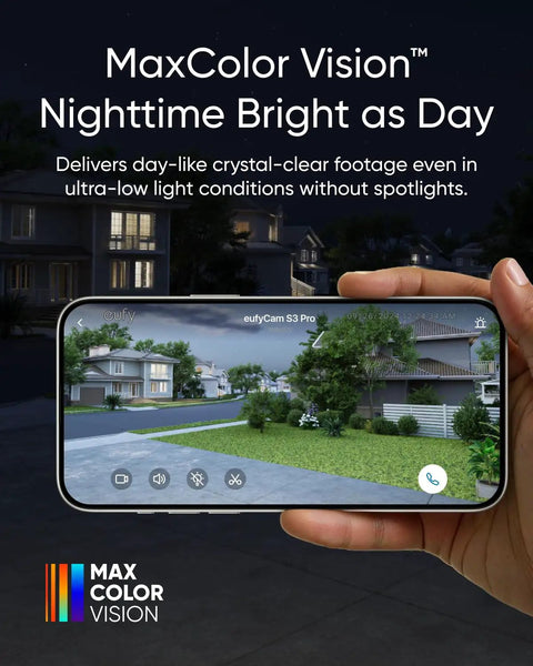 Outdoor Solar Powered Wireless 4K Security Camera Kit With MaxColor Night Vision Face Recognition No Monthly Fee Built In Local Storage Up To 16TB Four Camera Home Surveillance System For Your Smart Home showing MaxColor Vision on screen at night.