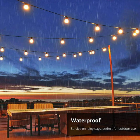 Solar Outdoor String Lights 25ft 26 LED G40 Bulbs USB Rechargeable Portable Edison Cafe Lights during rain on deck