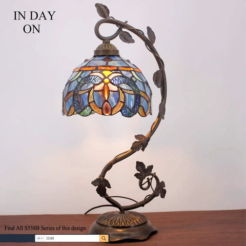 Tiffany Lamp Cloudy Blue Stained Glass Table Lamp With Metal Leaf Base In Bronze Finish 21 Inch Tall 8 Inch Shade S558 Series