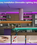 RGB LED Rope Lights for Bedrooms and Party Vibes, 65.6Ft LED Strip With Music Sync, installed in a modern kitchen with purple and orange tones.