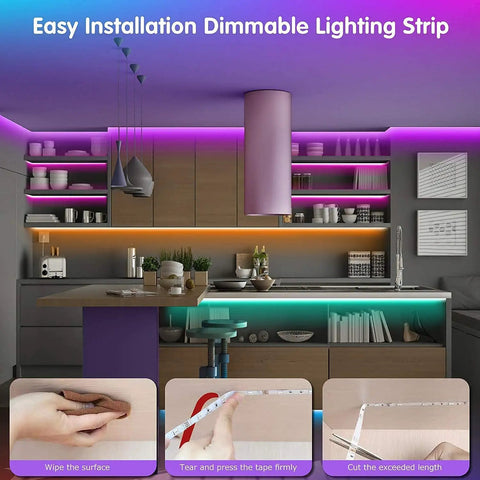 RGB LED Rope Lights for Bedrooms and Party Vibes, 65.6Ft LED Strip With Music Sync, installed in a modern kitchen with purple and orange tones.