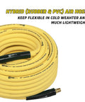 Non-Kink Air Hose 3/8 By 100 Ft With 1/4 In MnpT Brass Fittings 300 Psi Max Rating coiled yellow hybrid hose with brass fittings