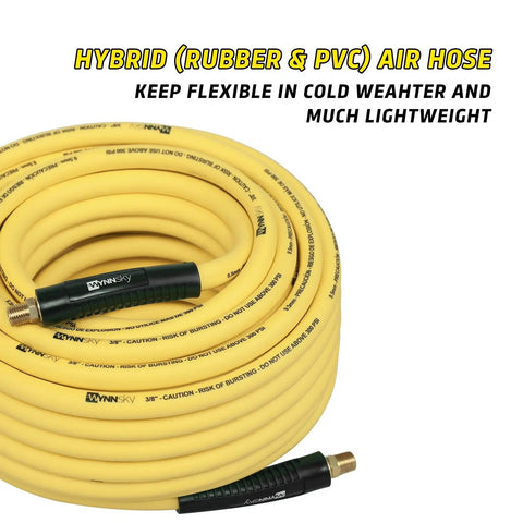 Non-Kink Air Hose 3/8 By 100 Ft With 1/4 In MnpT Brass Fittings 300 Psi Max Rating coiled yellow hybrid hose with brass fittings