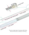 Diagram of Heavy Duty Self Locking Nylon Zip Ties 100 Pack Ten Point Two Four Inch Length 48 Pound Tensile Strength, showing locking and guide heads.