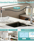 MIAOHUI Chrome Kitchen Faucet with Glass Rinser, 4 Modes, pull-out design, flexible 360° spout, 14.96" reach in a modern kitchen.
