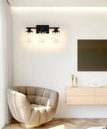 Black Bathroom Vanity Light Fixtures Over Mirror 4 Light Modern Wall Sconce Lamps With Glass Shades in modern room setting