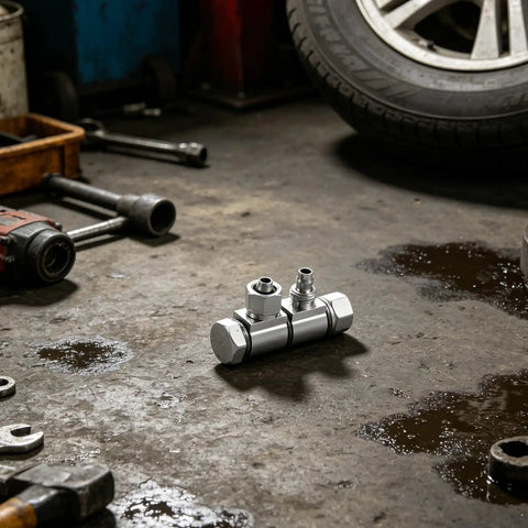 Tire Changer Hollow Bolt Replacement Part 8mm Output 9.7mm Thread Steel Air Hose Connector on workshop floor, near tire and tools