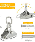 Badass Heavy Duty Swing Hangers With Beast Mode Two Thousand Pound Capacity And Smooth Three Sixty Swivel Stainless Steel Hardware shown mounted with sizes for wood and concrete.