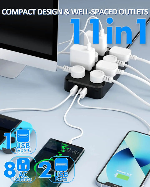 Beastly Outdoor IPX6 Waterproof Power Strip With Eight Outlets And Three USB Ports connecting multiple devices on desk
