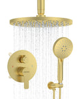 Gold high pressure shower system with 12 inch rain shower head, handheld, chrome ceiling mounted set, brass valve included