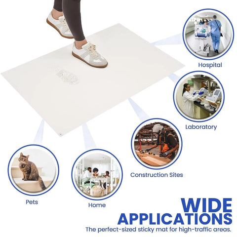 Rock Solid Adhesive Floor Mats 4 Pack Grip Tight Cleanroom Traps With Peel Back Tack Sheets For Construction Sites showing various applications.