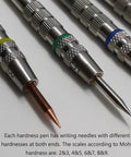 Pro Grade Hardness Test Kit With Four Stainless Steel Pens Dual End Nibs 2 3 4 5 6 7 8 9 Scale In Storage Box For Mineral Glass Tile And Concrete Coatings Scratch Testing, stainless steel nibs close-up