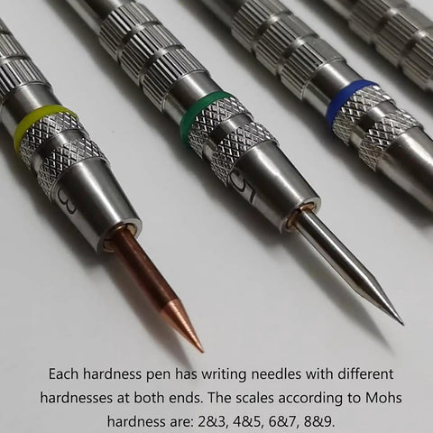 Pro Grade Hardness Test Kit With Four Stainless Steel Pens Dual End Nibs 2 3 4 5 6 7 8 9 Scale In Storage Box For Mineral Glass Tile And Concrete Coatings Scratch Testing, stainless steel nibs close-up