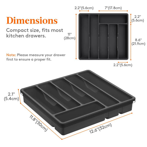 Dimensions of Sturdy Silverware Organizer With Lid For Drawer Or Countertop, Plastic Flatware Storage Box, 12.6 x 11.8 Inches, Black.