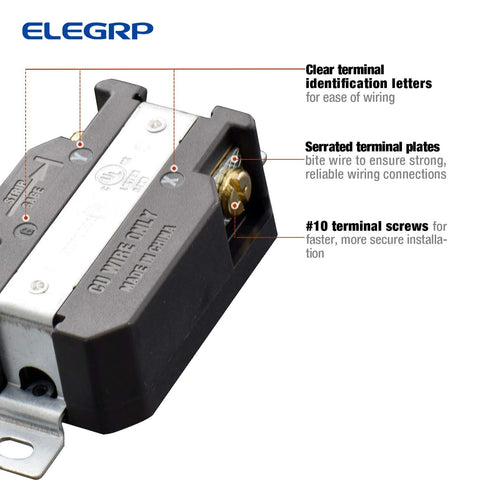 NEMA L6-20R Flush Mounting Locking Receptacle Twist Lock Socket For Generator 20 Amp 250V side view with terminal details