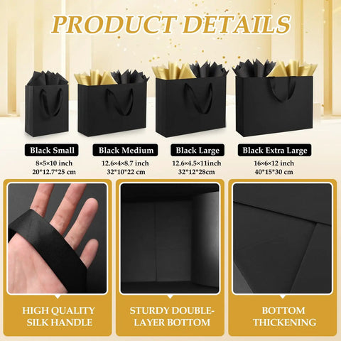 Black Gift Bags With Handles And Tissue Paper Set, 8 By 5 By 10 Inches, 4 Pack, product details with multiple sizes shown