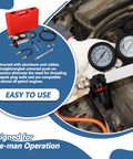 Handor cylinder leak-down tester kit with dual gauges, hoses and adapters beside red carrying case for gasoline engines