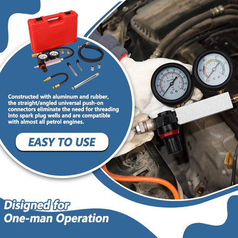 Handor cylinder leak-down tester kit with dual gauges, hoses and adapters beside red carrying case for gasoline engines
