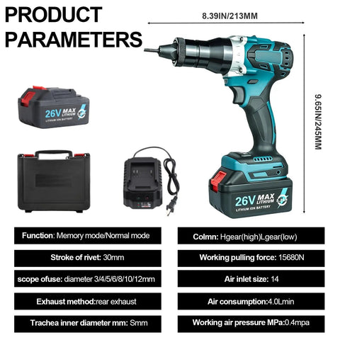 Cordless 26V Portable Electric Rivet Gun Kit With Brushless Blind Riveter For Aluminum Iron Steel Rechargeable Battery Complete Tool Set For Fast Clean Metal Joining On The Go, with 26V battery