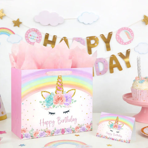 13 Inch Unicorn Gift Bag With Greeting Card And Tissue Paper For Baby Girls And Kids Birthday Party Rainbow Unicorn Theme All In One Gift Bag Set For Easy Celebration