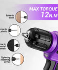 Purple 126-Piece Grab-And-Go Home Repair Tool Set With 8V Cordless Drill, LED Light, Storage Case, Lightweight 1.65 lb Mini Drill For Wood And Plastic, All-In-One DIY Kit For Quick Fixes And Everyday Projects. 12N.M torque drill bit close-up