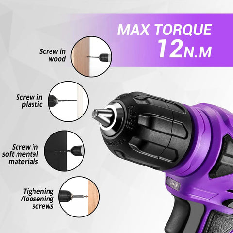 Purple 126-Piece Grab-And-Go Home Repair Tool Set With 8V Cordless Drill, LED Light, Storage Case, Lightweight 1.65 lb Mini Drill For Wood And Plastic, All-In-One DIY Kit For Quick Fixes And Everyday Projects. 12N.M torque drill bit close-up