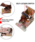 Heavy Duty Folding Table Leg Brackets 4 Pack Built Like A Tank Self Locking Hinge Hardware showing self-locking switch feature.