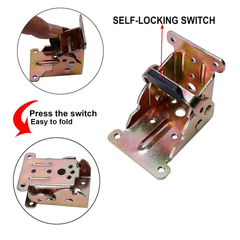 Heavy Duty Folding Table Leg Brackets 4 Pack Built Like A Tank Self Locking Hinge Hardware showing self-locking switch feature.