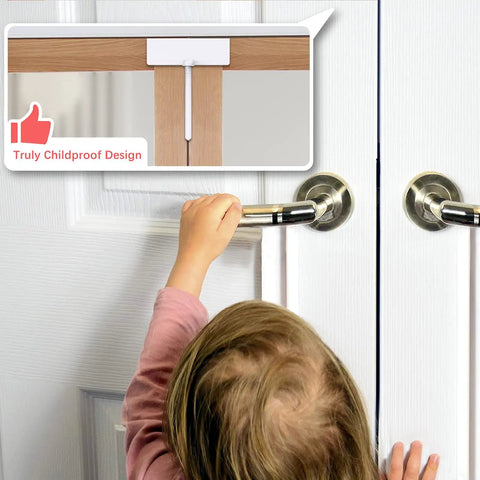 Bifold Door Lock Set For Double Doors Kid Safe Locks To Keep Toddlers And Pets Out Of Closets Cabinets And Pantries Easy No Tools Needed 2 Pack shown preventing child access.