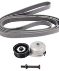 Keep Your Rigs Rolling Smooth With This High Performance Heavy Duty Serpentine Drive Belt Component Kit Plus Tensioner Assembly For Chevy Express 1500 2500 3500 P30 And Gmc Savana 1500 2500 3500 P3500 Vans. Serpentine belt, tensioner, and bolt on white background.